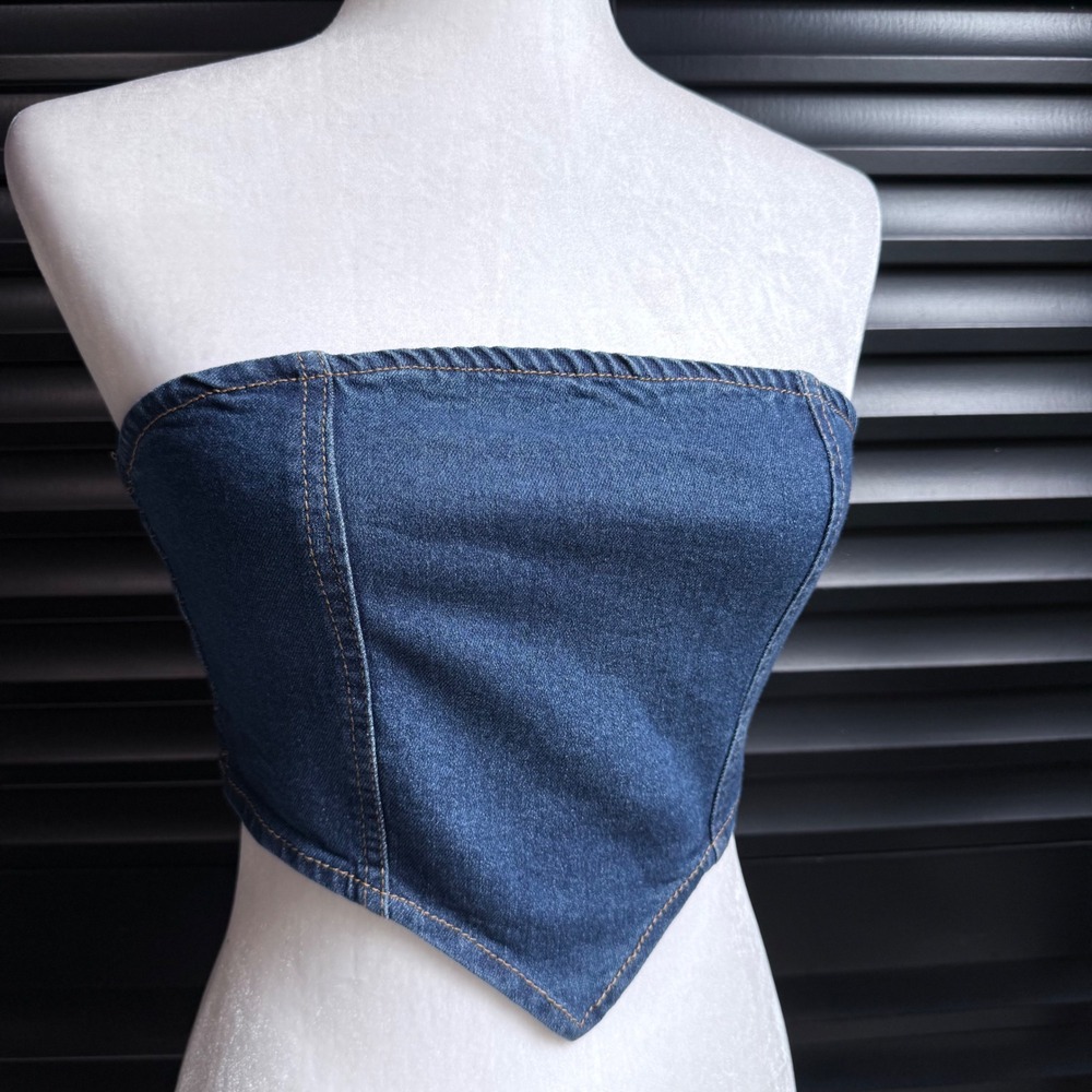 NWT Denim Cropped Bandeau Top Smocked La Armario Medium Blue